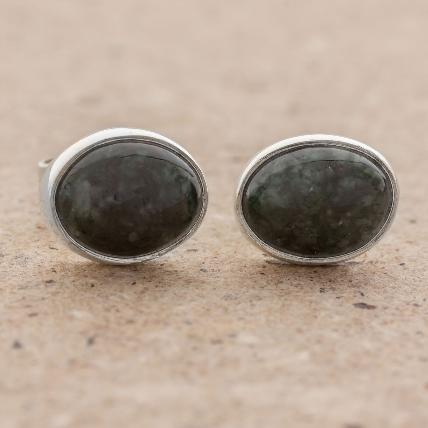 Mayan Ovals Green Jade and 925 Silver Oval Stud Earrings from Guatmela