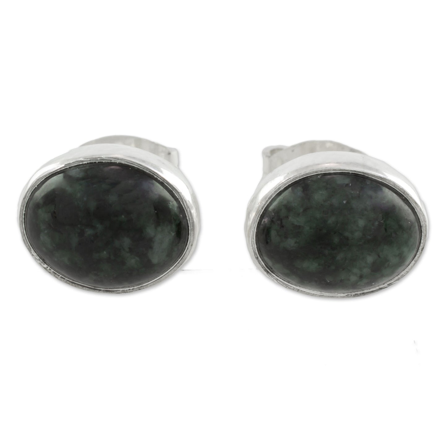 Mayan Ovals Green Jade and 925 Silver Oval Stud Earrings from Guatmela