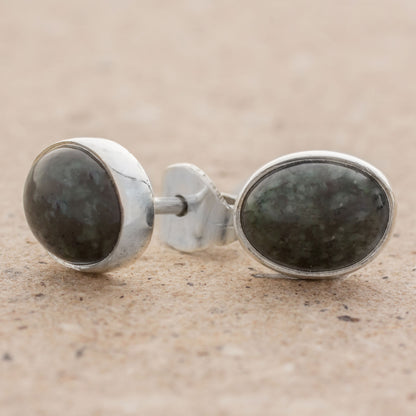 Mayan Ovals Green Jade and 925 Silver Oval Stud Earrings from Guatmela