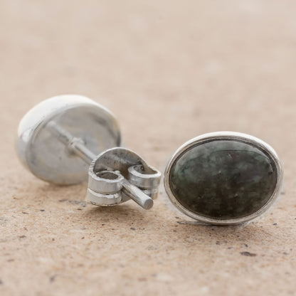 Mayan Ovals Green Jade and 925 Silver Oval Stud Earrings from Guatmela