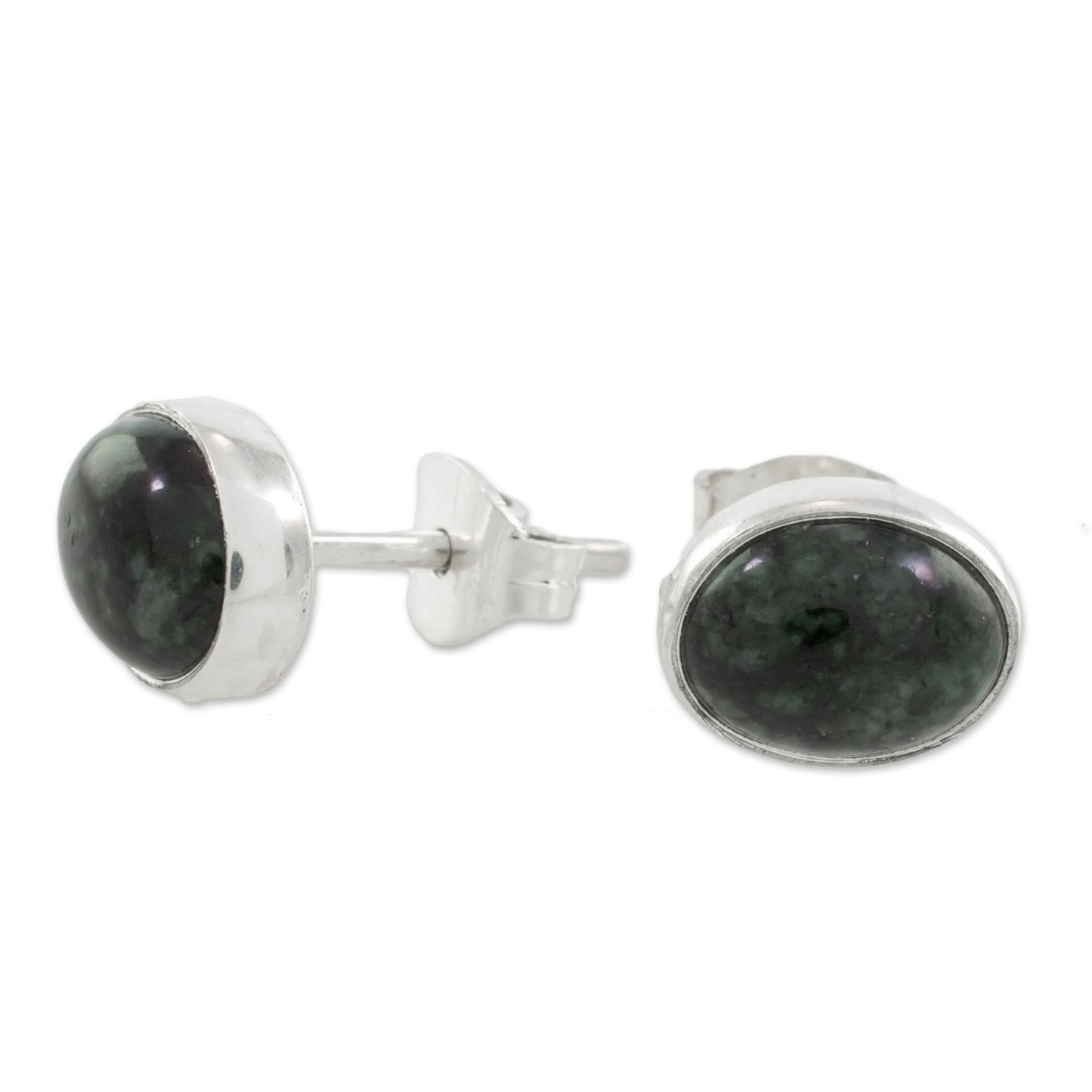 Mayan Ovals Green Jade and 925 Silver Oval Stud Earrings from Guatmela