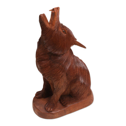 Howling Wolf Hand-Carved Suar Wood Howling Wolf Sculpture from Bali