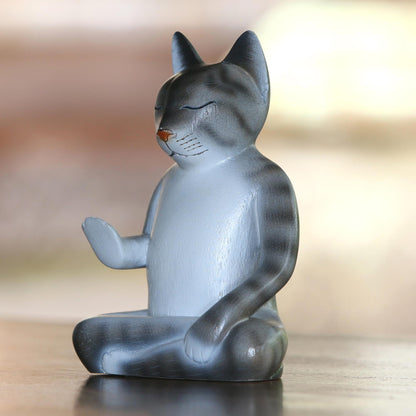 Nirvana Kitty Wood Meditating Cat Sculpture in Grey and White from Bali