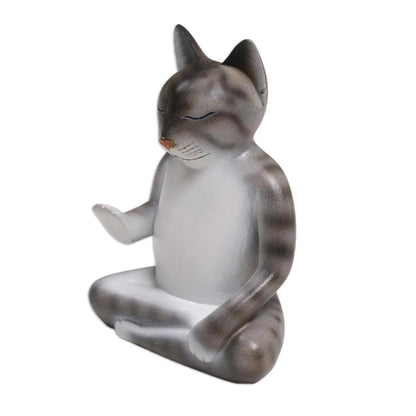 Nirvana Kitty Wood Meditating Cat Sculpture in Grey and White from Bali