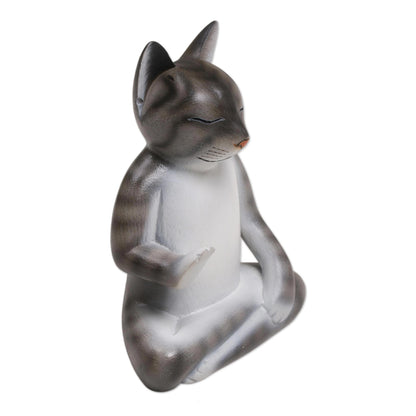 Nirvana Kitty Wood Meditating Cat Sculpture in Grey and White from Bali