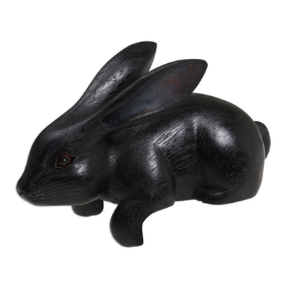 Curious Rabbit in Black Handcrafted Suar Wood Rabbit Sculpture in Black from Bali