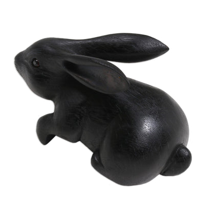Curious Rabbit in Black Handcrafted Suar Wood Rabbit Sculpture in Black from Bali