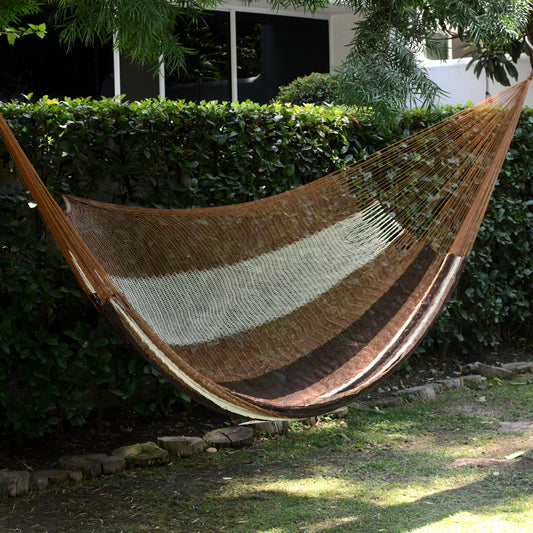 Near the Sea Handwoven Mayan Striped Double Hammock in Brown from Mexico