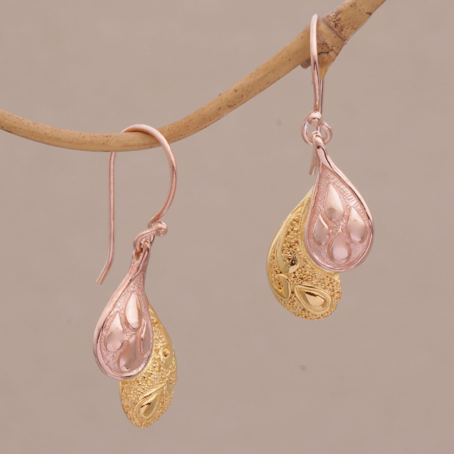 Rosy Paisleys Rose Gold Plated Sterling Silver Dangle Earrings from Bali