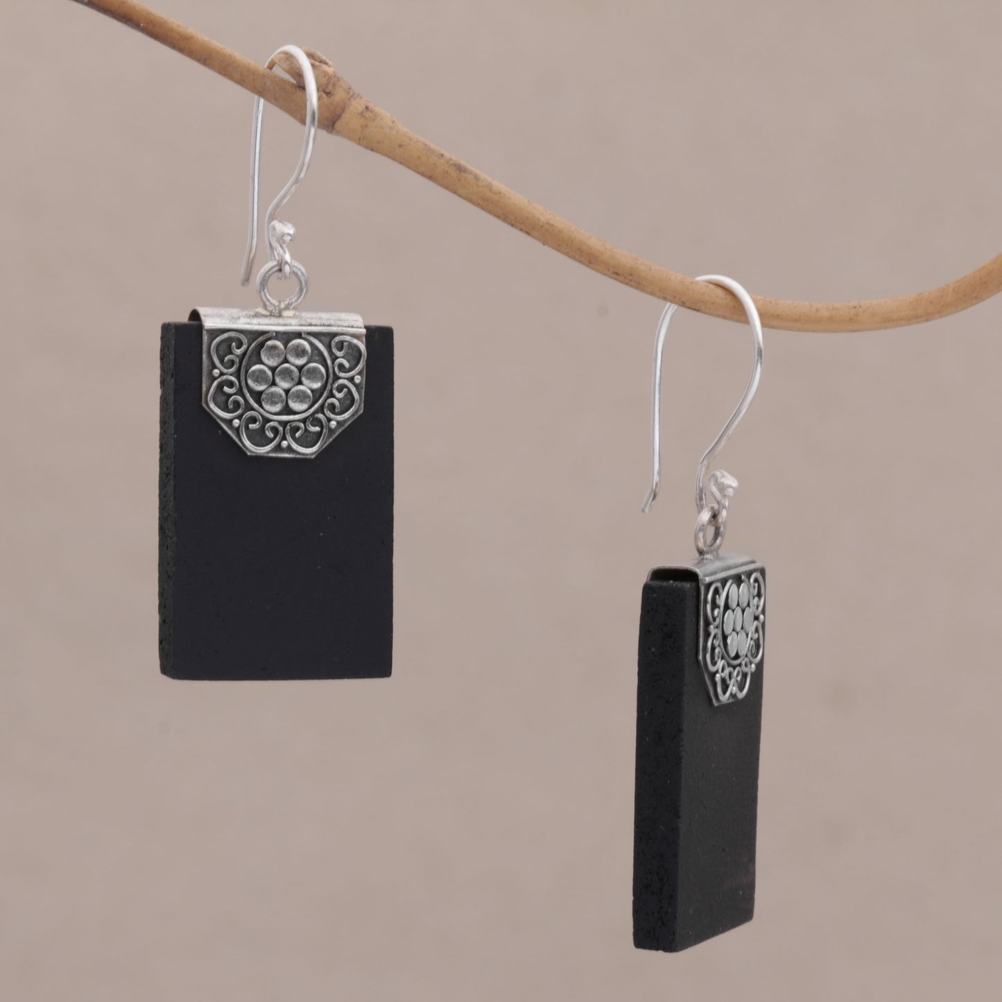 Bars of Midnight Silver Lava Stone Earrings