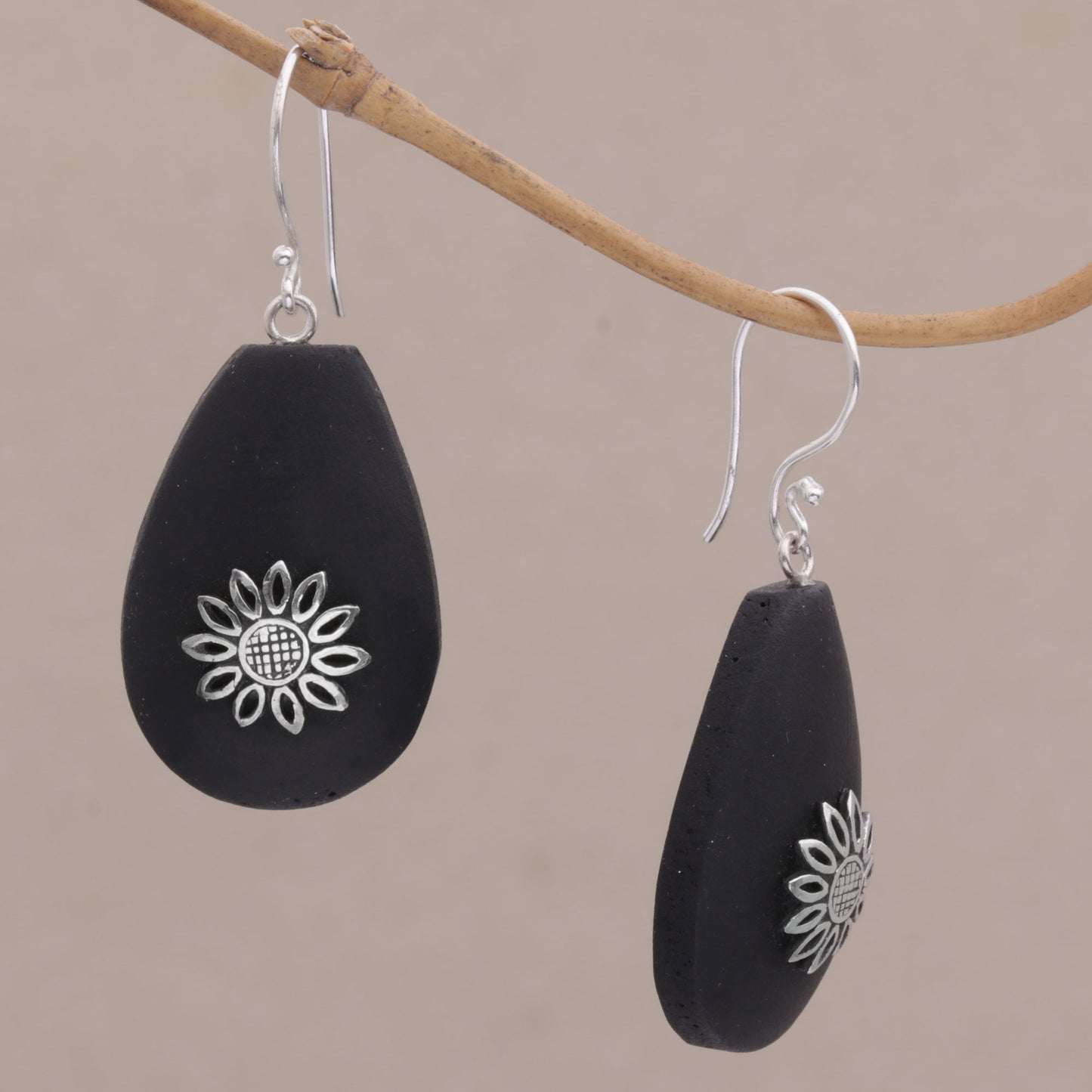 Pura Petals Lava Stone and Sterling Silver Floral Earrings from Bali