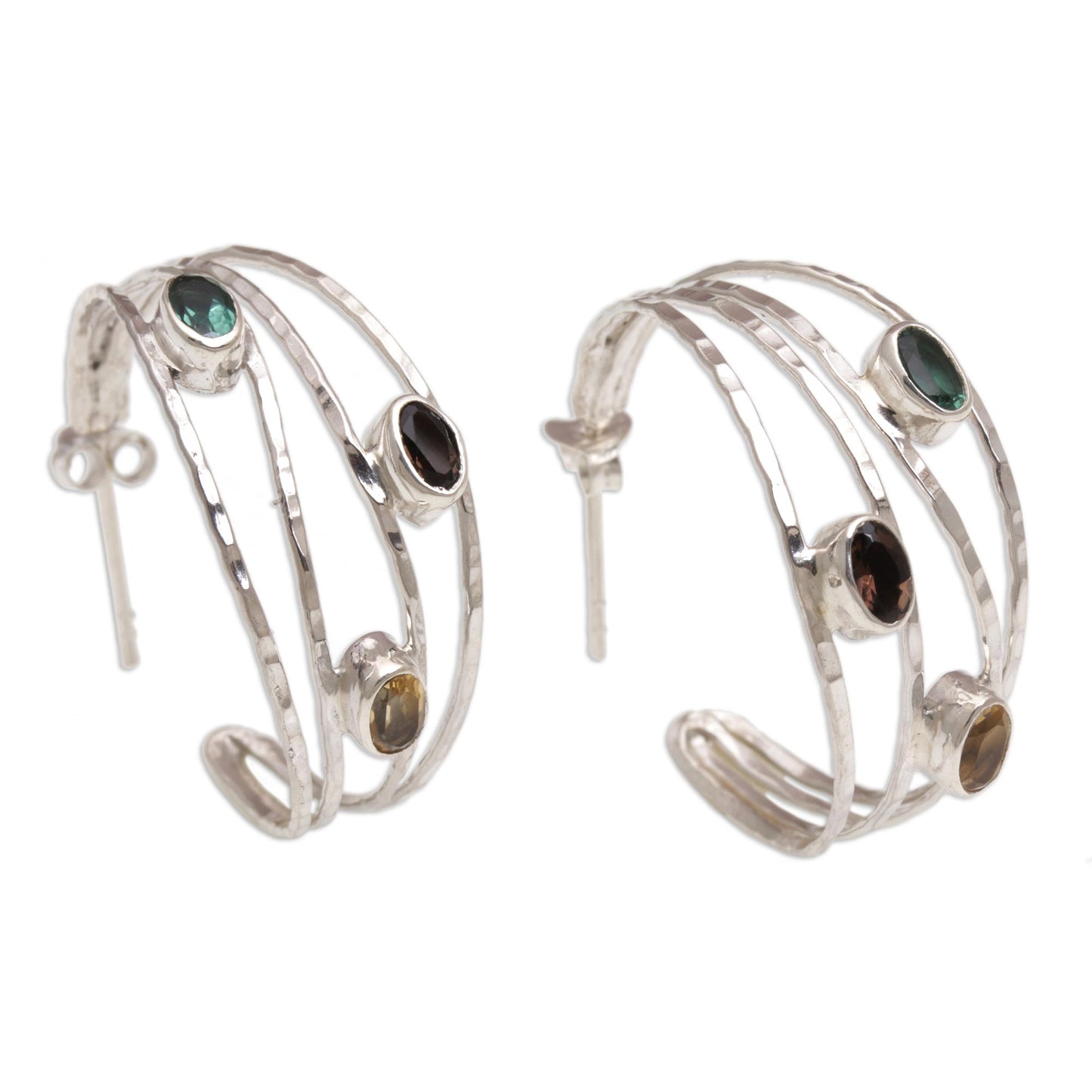 Bold Majesty Multi-Gemstone and Sterling Silver Half-Hoop Earrings