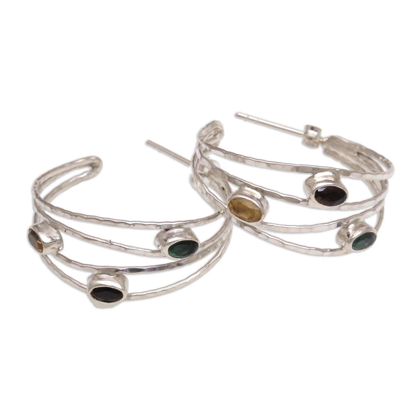 Bold Majesty Multi-Gemstone and Sterling Silver Half-Hoop Earrings