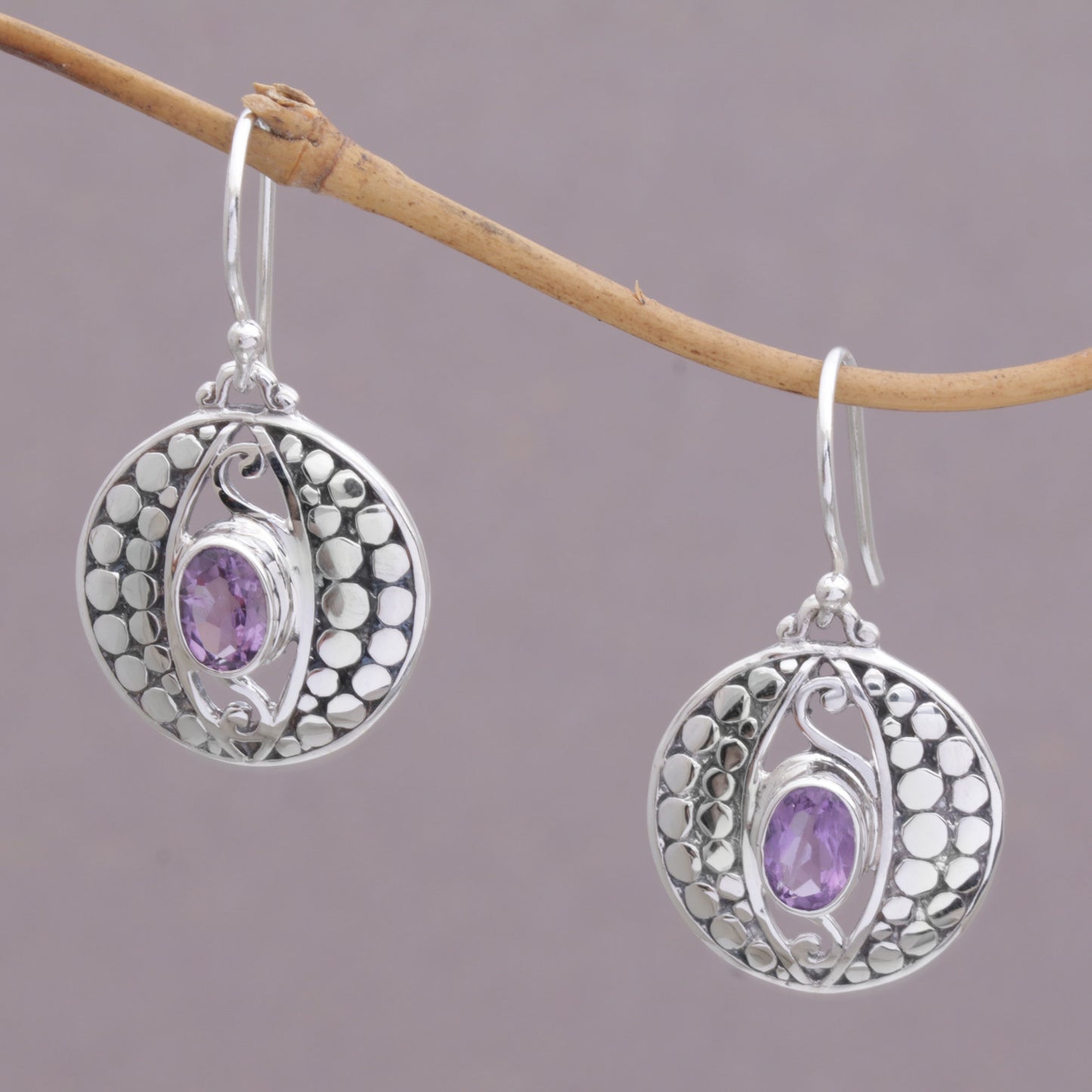 NOVICA  Amethyst .925 Sterling Silver Dot Motif Dangle Earrings, 'Temple Watchers'