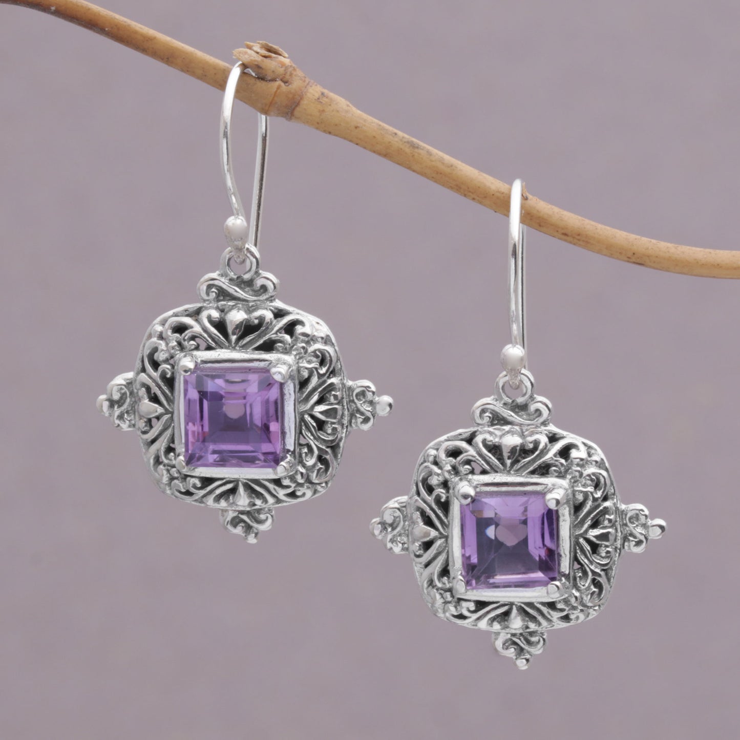 Sacred Altar Square Amethyst and Sterling Silver Earrings from Bali