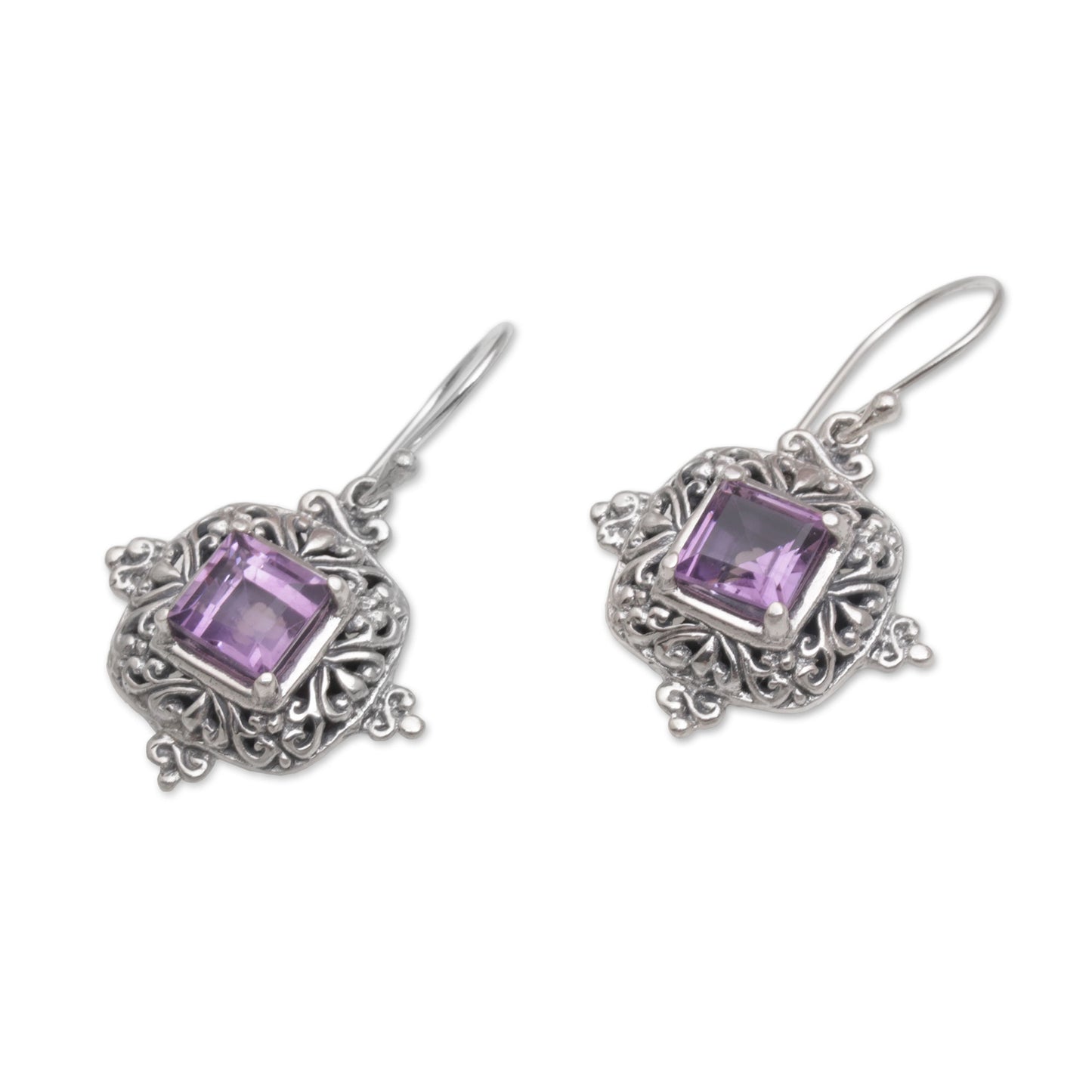 Sacred Altar Square Amethyst and Sterling Silver Earrings from Bali