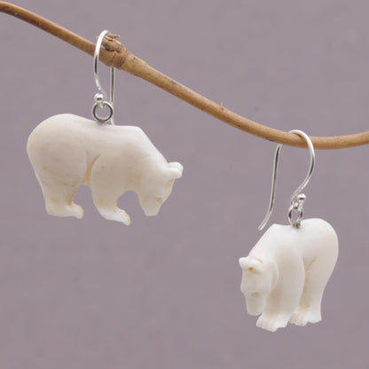 Grizzly Brothers Handcrafted Bone Grizzly Bear Dangle Earrings from Bali