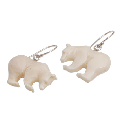 Grizzly Brothers Handcrafted Bone Grizzly Bear Dangle Earrings from Bali