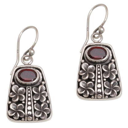 Jepun Pura Garnet and Sterling Silver Floral Dangle Earrings from Bali