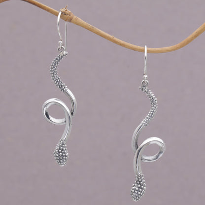 Spectacular Serpent Sterling Silver Snake Earrings with Bun Motifs from Bali