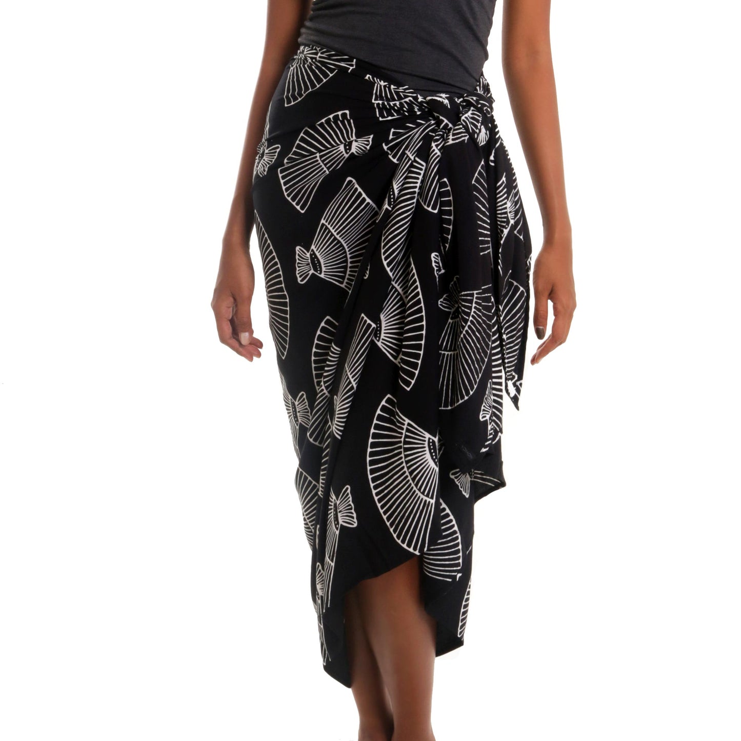 Seashore Shells Black and White Cotton Blend Sarong with Batik Shell Print