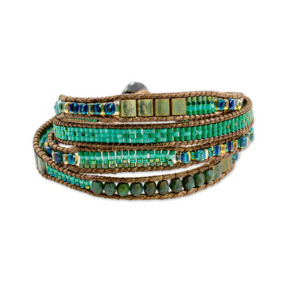 Glistening Lake Glass Beaded Wristband Bracelet in Cerulean from Guatemala