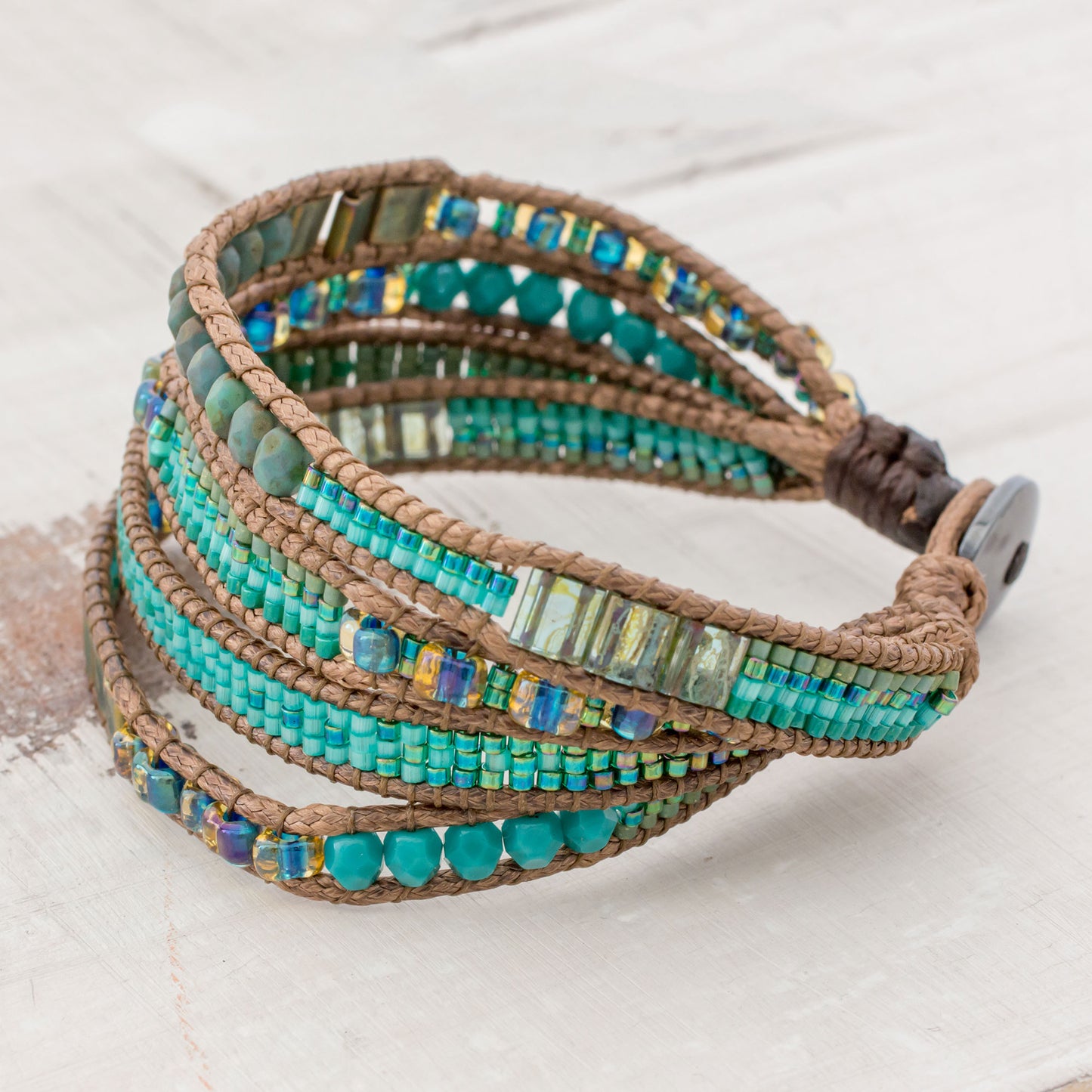 Glistening Lake Glass Beaded Wristband Bracelet in Cerulean from Guatemala