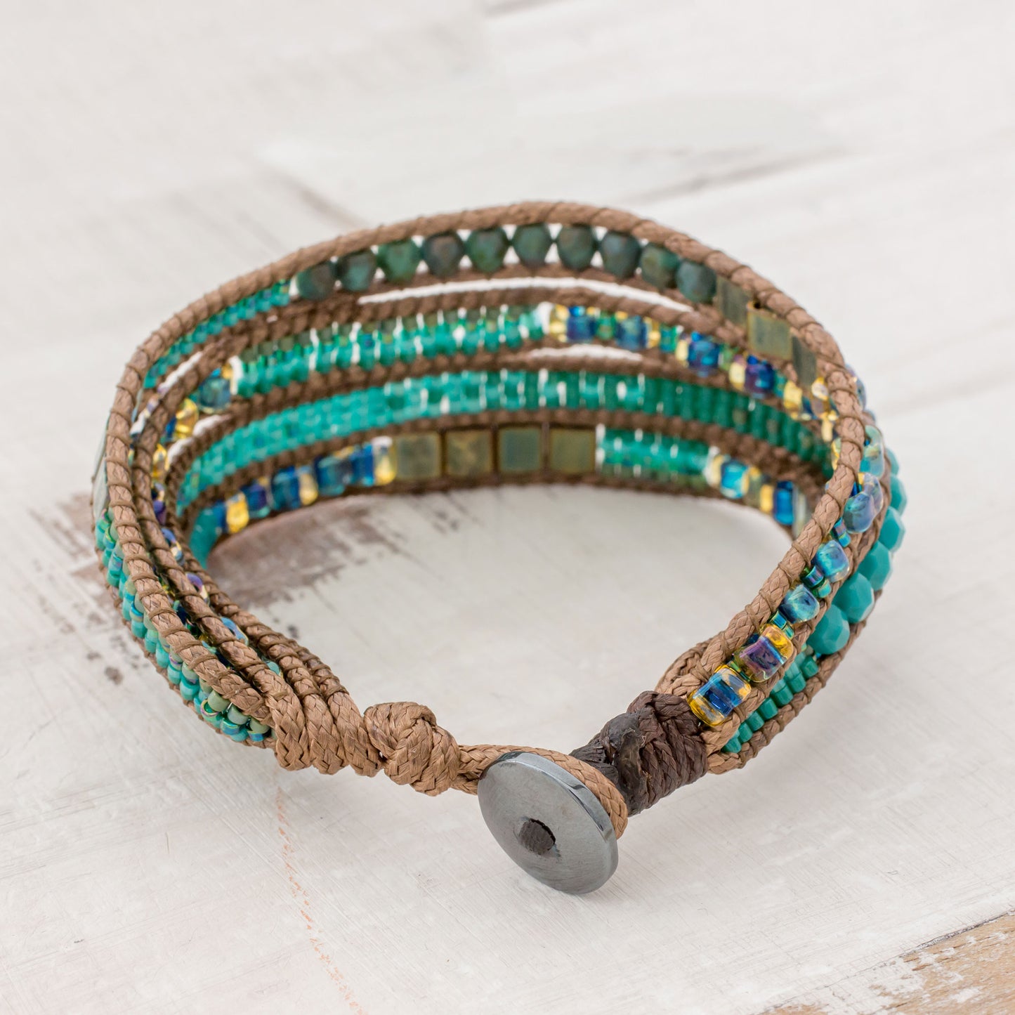 Glistening Lake Glass Beaded Wristband Bracelet in Cerulean from Guatemala