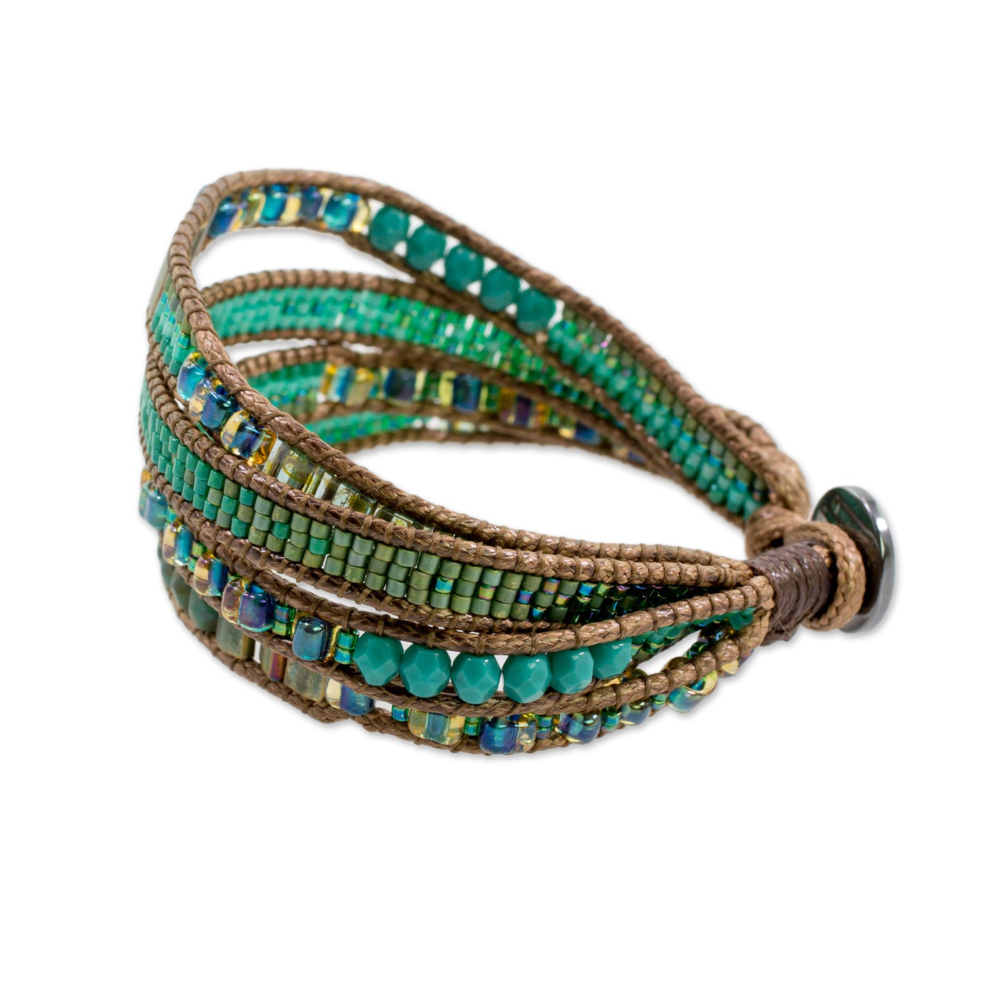 Glistening Lake Glass Beaded Wristband Bracelet in Cerulean from Guatemala