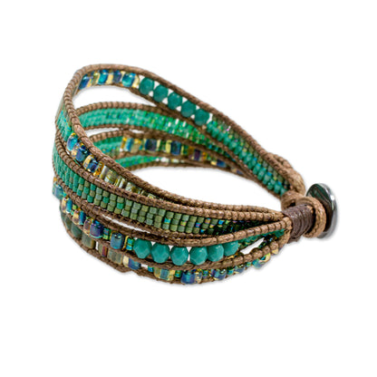 Glistening Lake Glass Beaded Wristband Bracelet in Cerulean from Guatemala