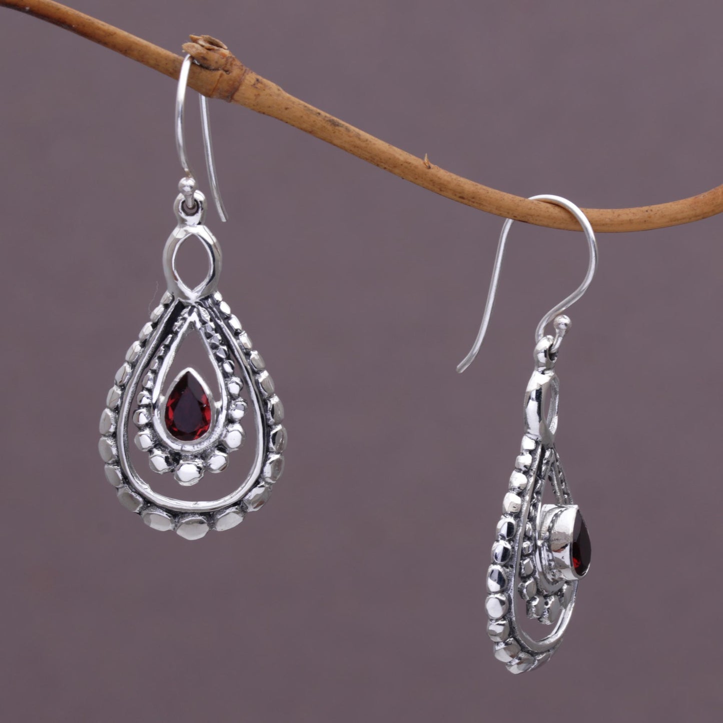 Drop of Red Garnet Dangle Earrings