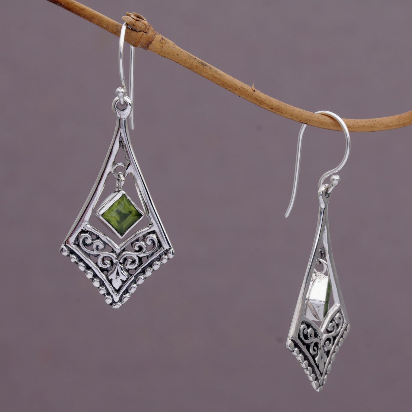 Gianyar Dangle Handmade Sterling Silver Green Peridot Dangle Earrings