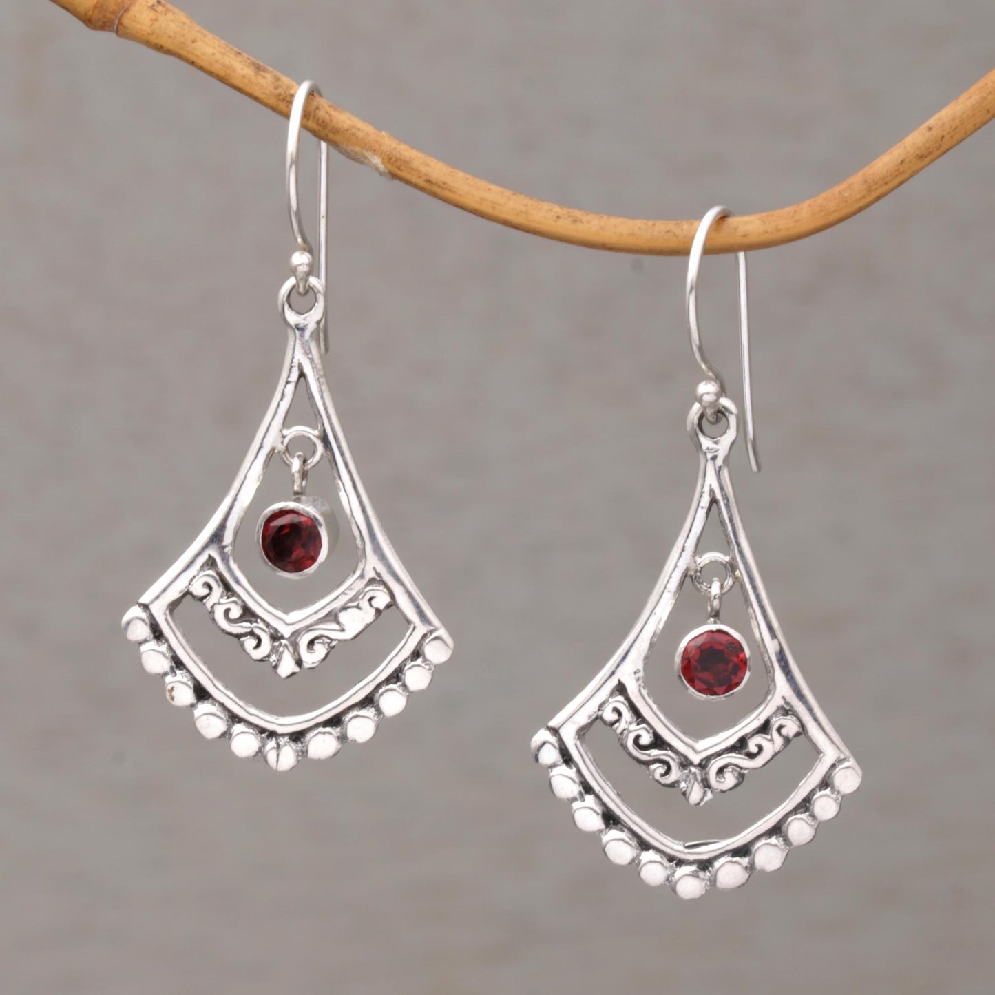 Crimson Fanfare Garnet and Sterling Silver Dangle Earrings from Indonesia