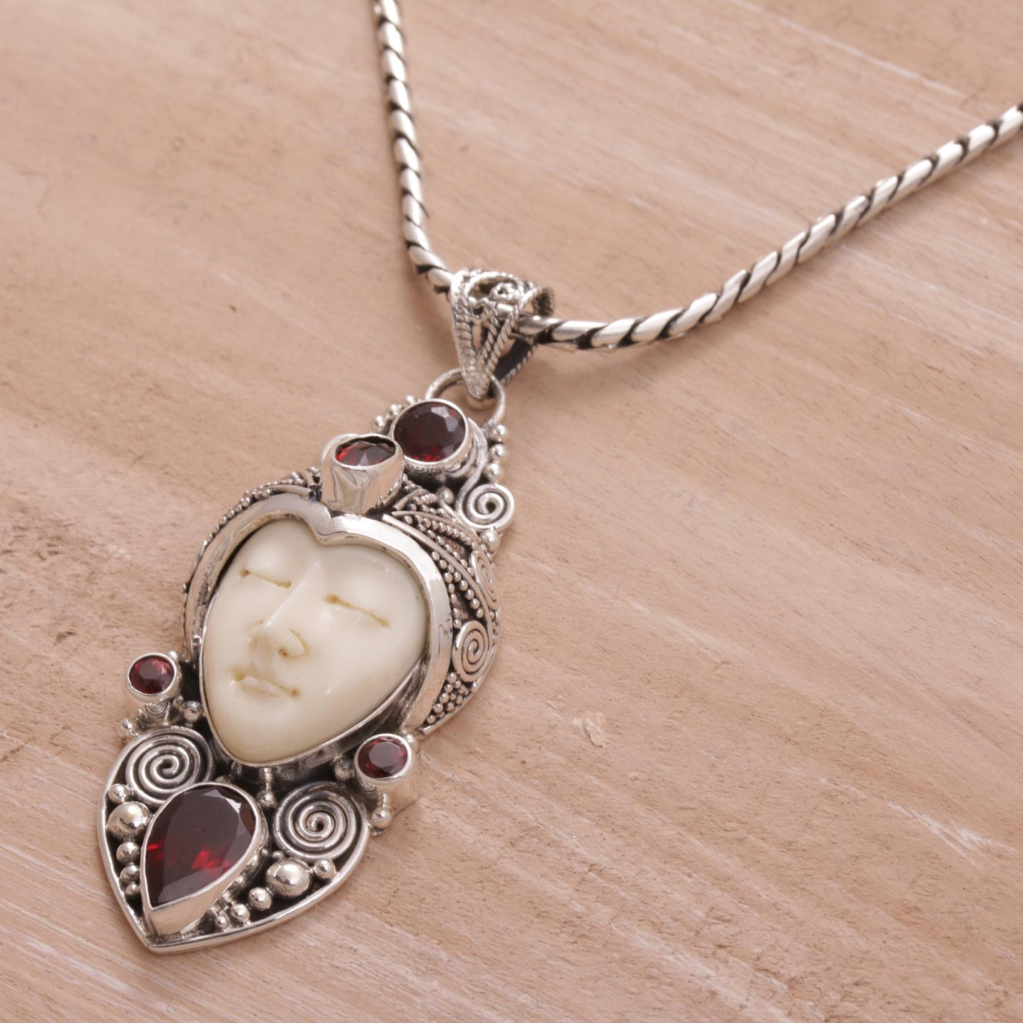 Royal Knight Garnet Silver & Bone Pendant Necklace