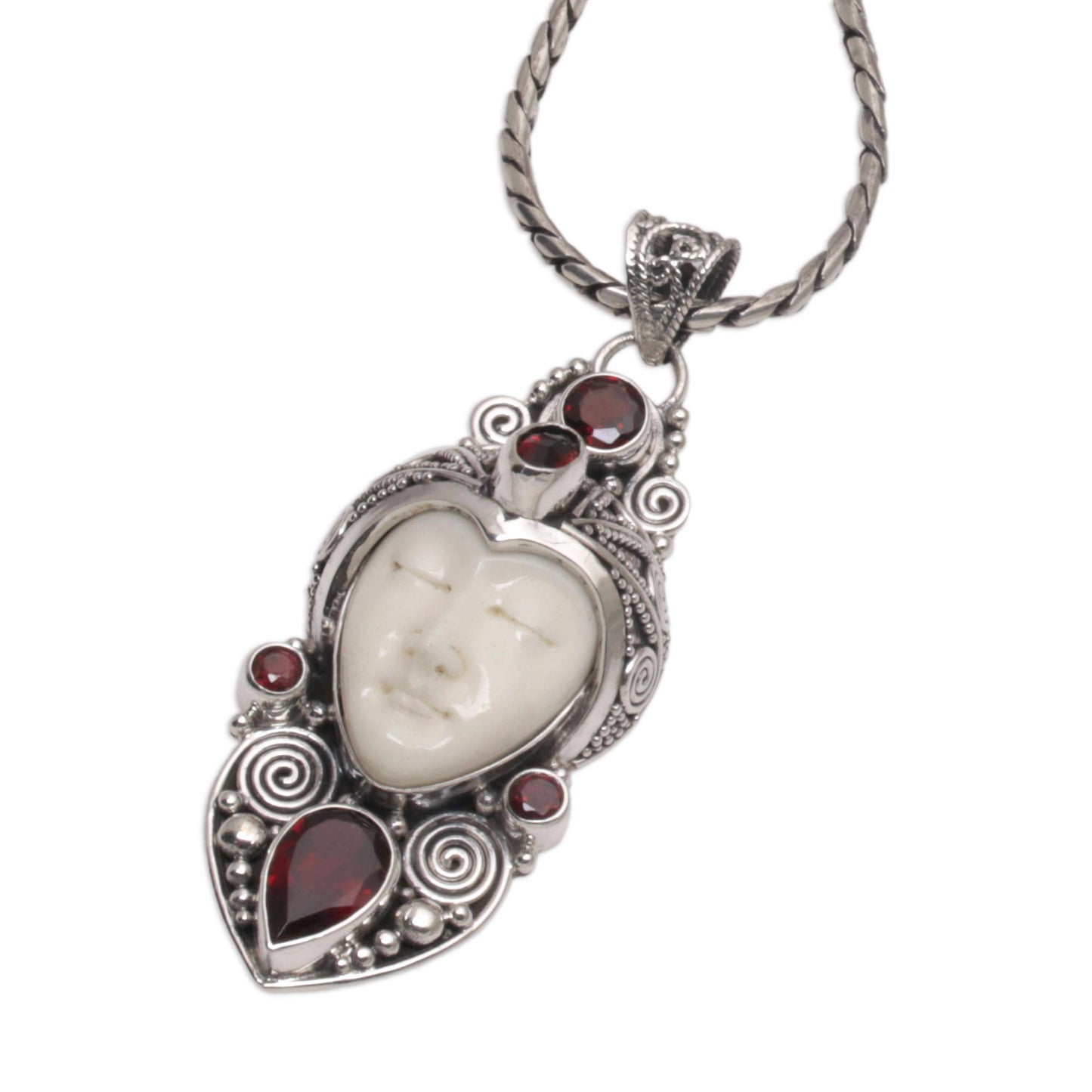 Royal Knight Garnet Silver & Bone Pendant Necklace