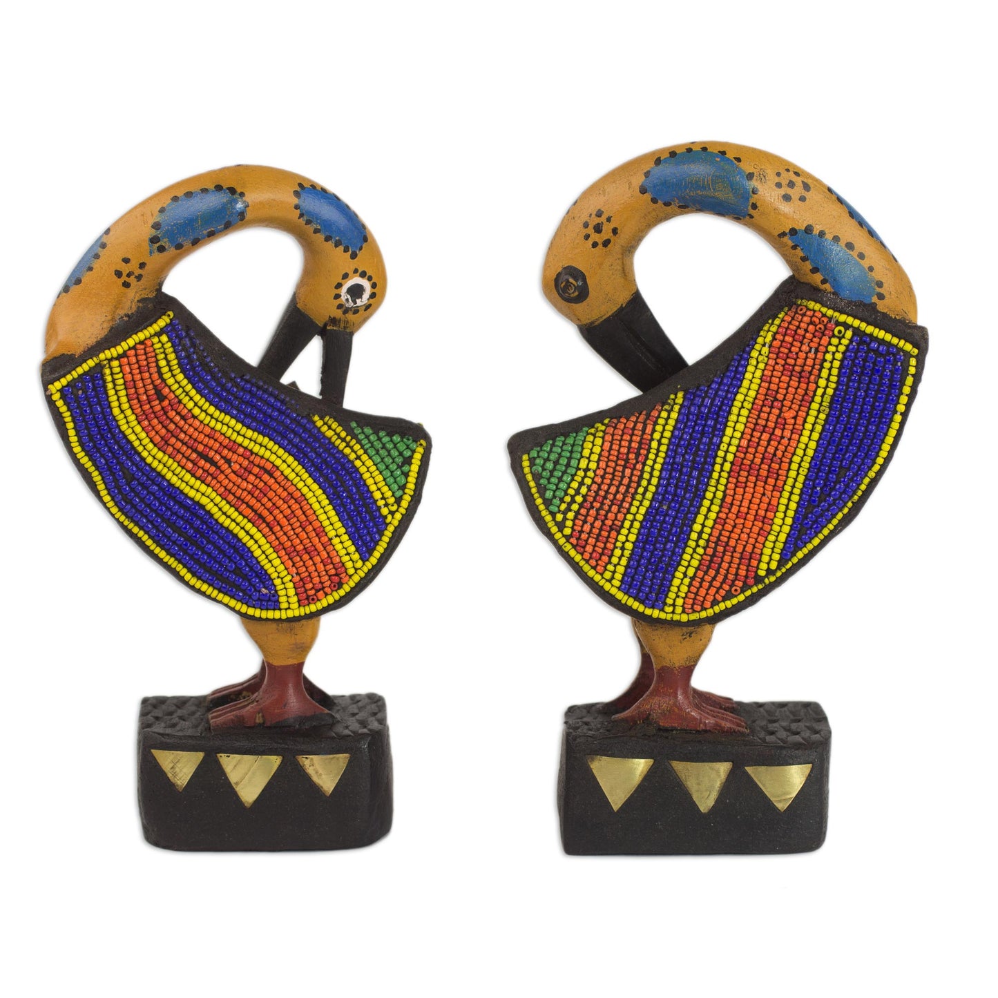 Colorful Sankofa Two Wood and Recycled Glass Adinkra Sankofa Bird Sculptures