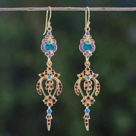 Thai Succulence Gold Plated Brass Earrings in Purple and Red from Thailand