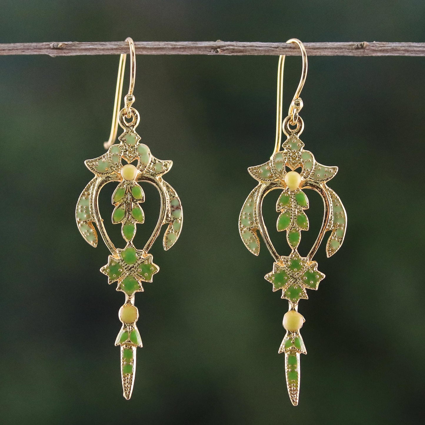 Proud Beauty in Green Gold Plated Brass Earrings in Green from Thailand