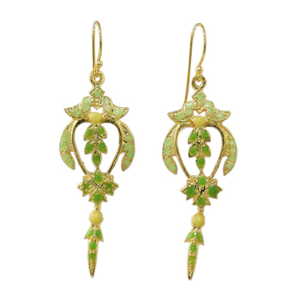 Proud Beauty in Green Gold Plated Brass Earrings in Green from Thailand