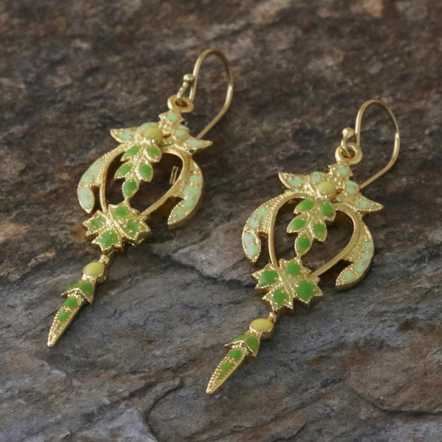 Proud Beauty in Green Gold Plated Brass Earrings in Green from Thailand