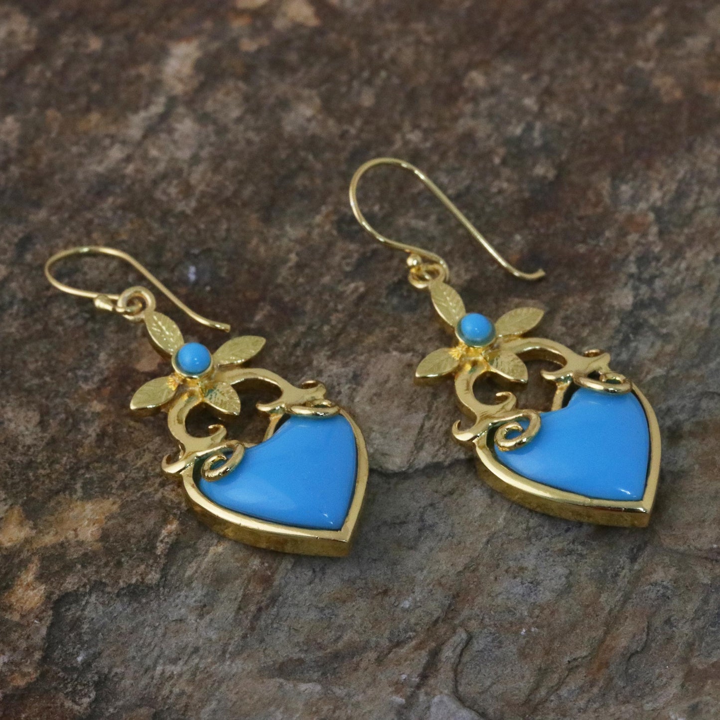 Ornate Heart Gold Plated Brass and Resin Heart Earrings from Thailand