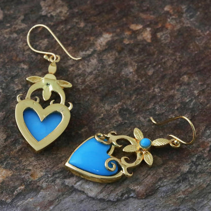 Ornate Heart Gold Plated Brass and Resin Heart Earrings from Thailand