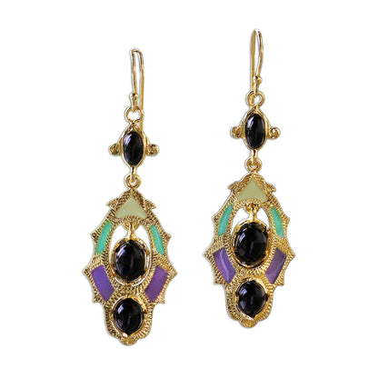 Ornate Thai Gold Plated Brass and Resin Colorful Earrings from Thailand