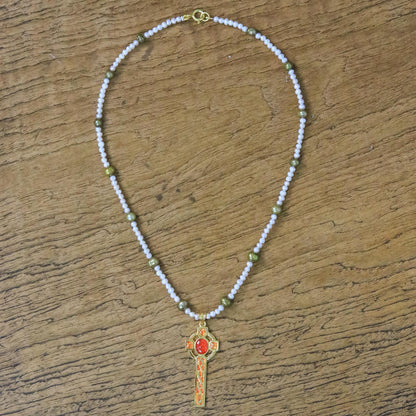 Faithful Soul in Red Gold Plated Cultured Pearl Red Cross Necklace from Thailand