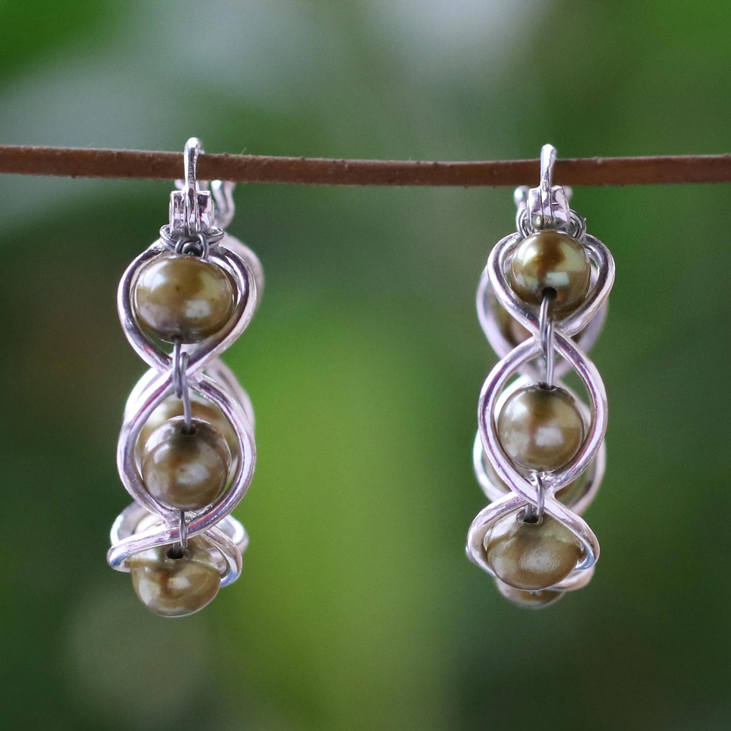 Cloud Twist in Green Green Cultured Pearl and 925 Silver Earrings from Thailand