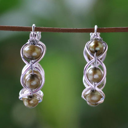 Cloud Twist in Green Green Cultured Pearl and 925 Silver Earrings from Thailand