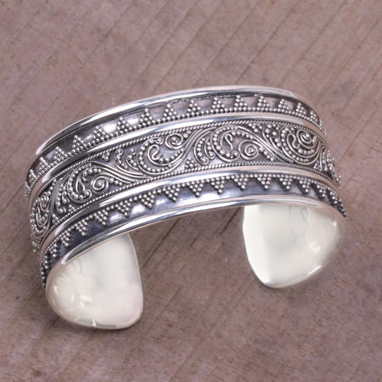 Swirling Temple Sterling Silver Swirl Motif Cuff Bracelet from Bali