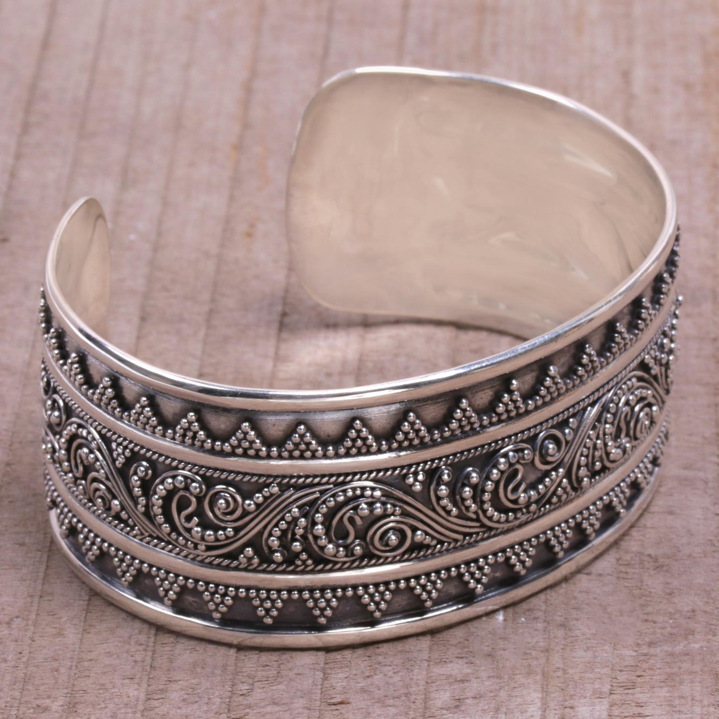 Swirling Temple Sterling Silver Swirl Motif Cuff Bracelet from Bali