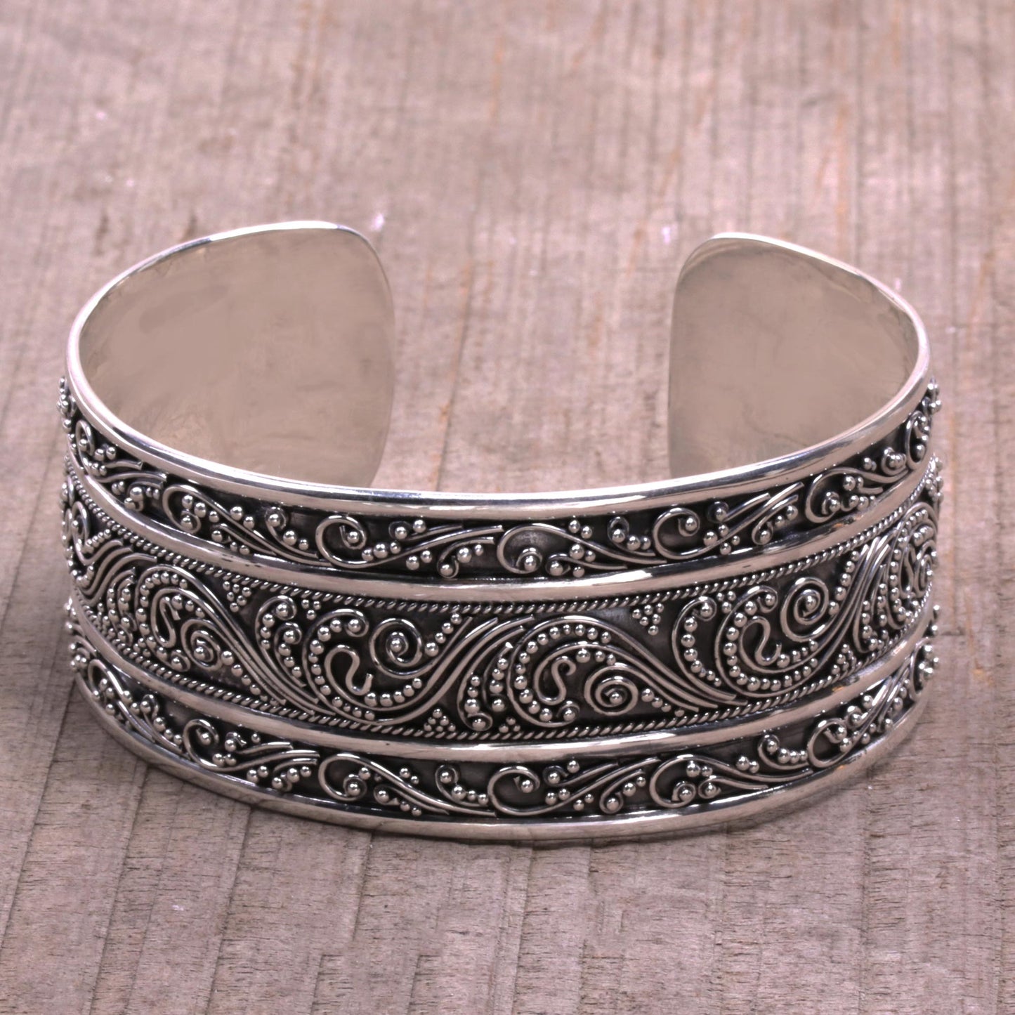 Temple Vine Intricate Sterling Silver Cuff Bracelet from Bali