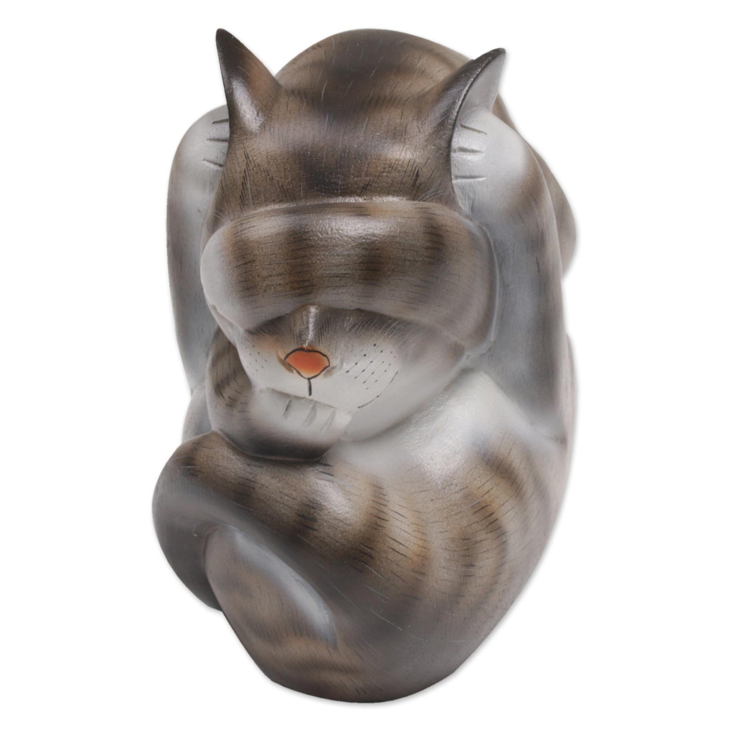 Virtuous Kitty Curled Wood Cat Sculpture in Grey and White from Bali